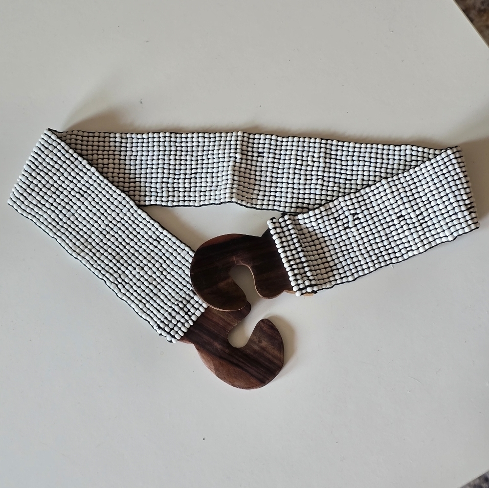 Handcrafted Elastic white Beaded Belt With Hardwood Buckle